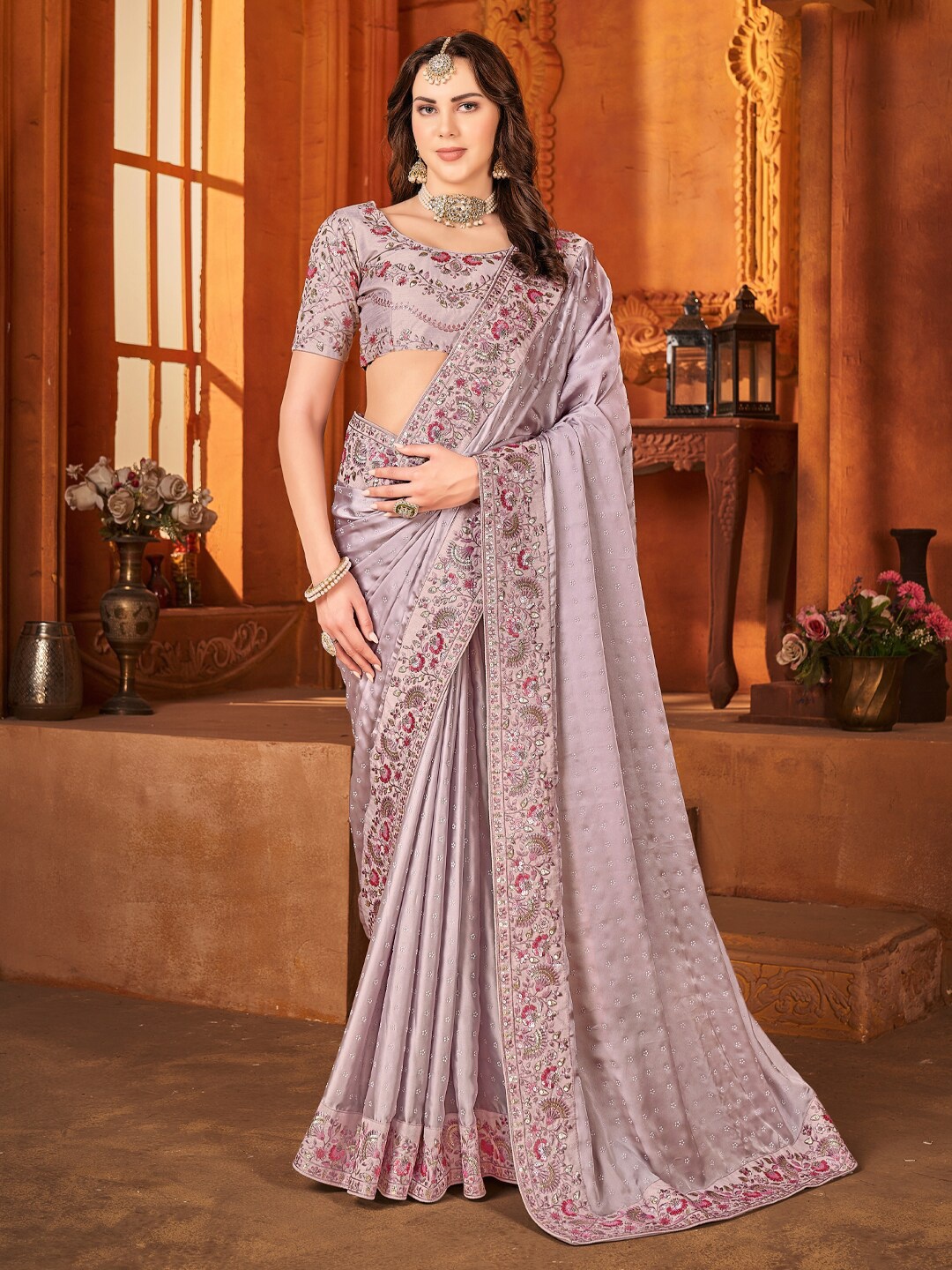 

Inddus Women Embellished Sequinned Embroidered Satin Saree, Lavender