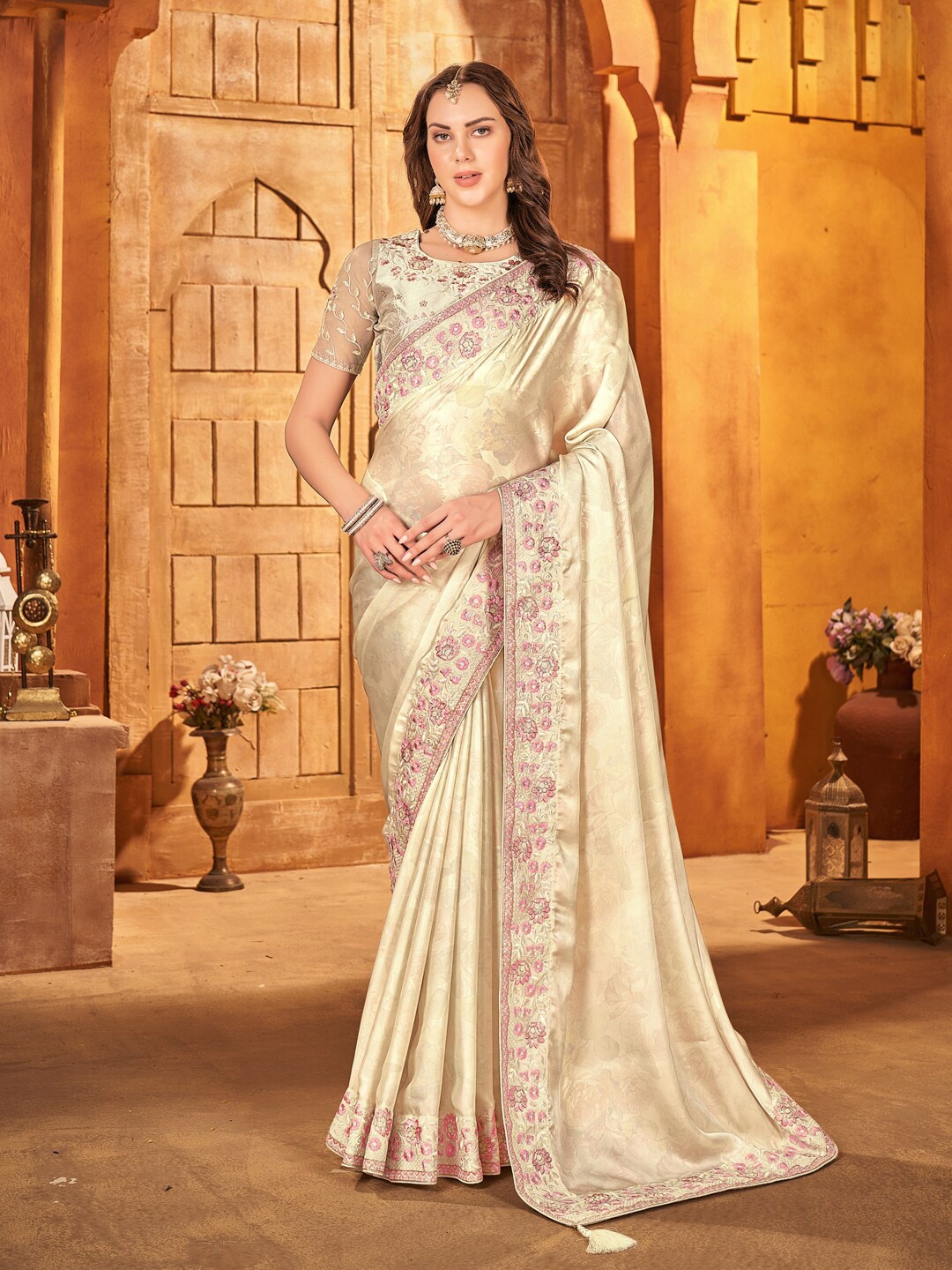 

Inddus Women Floral Embroidered Satin Saree, Cream