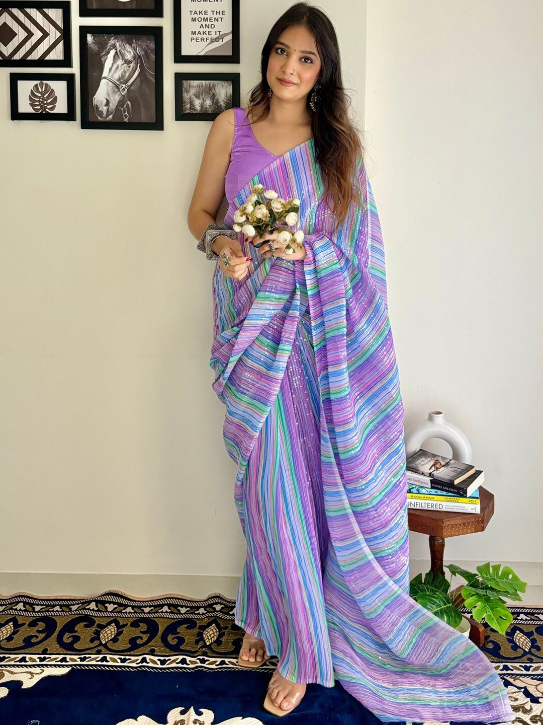 

Mitera Embellished Sequinned Pure Georgette Saree, Purple