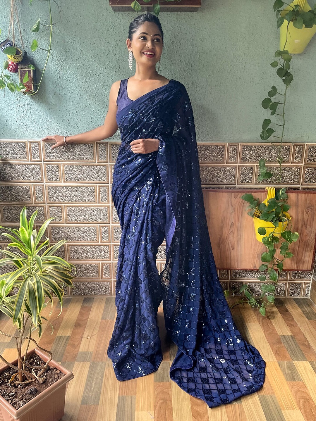 

Mitera Embellished Sequinned Pure Georgette Saree, Navy blue