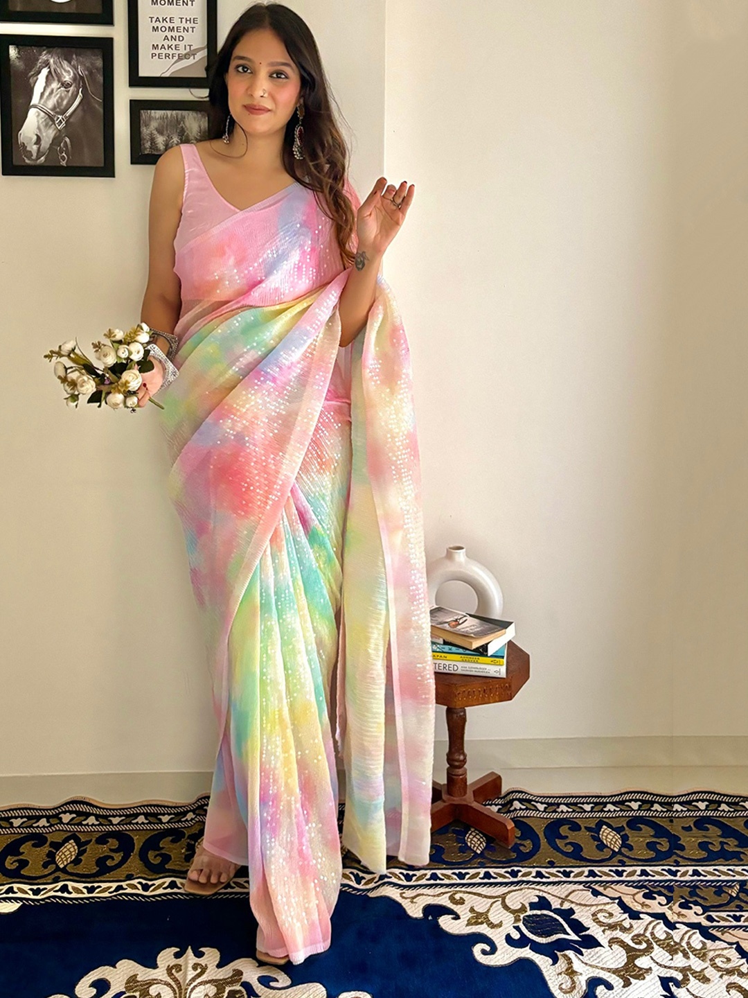 

Mitera Pink & Blue Abstract Embellished Sequinned Pure Georgette Designer Saree