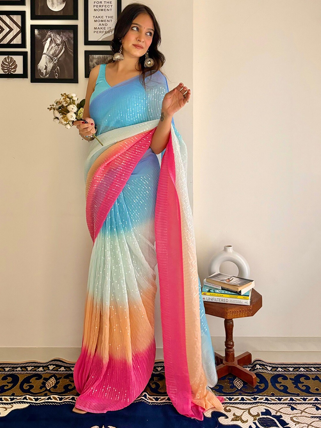 

Mitera Embellished Sequinned Pure Georgette Saree, Blue