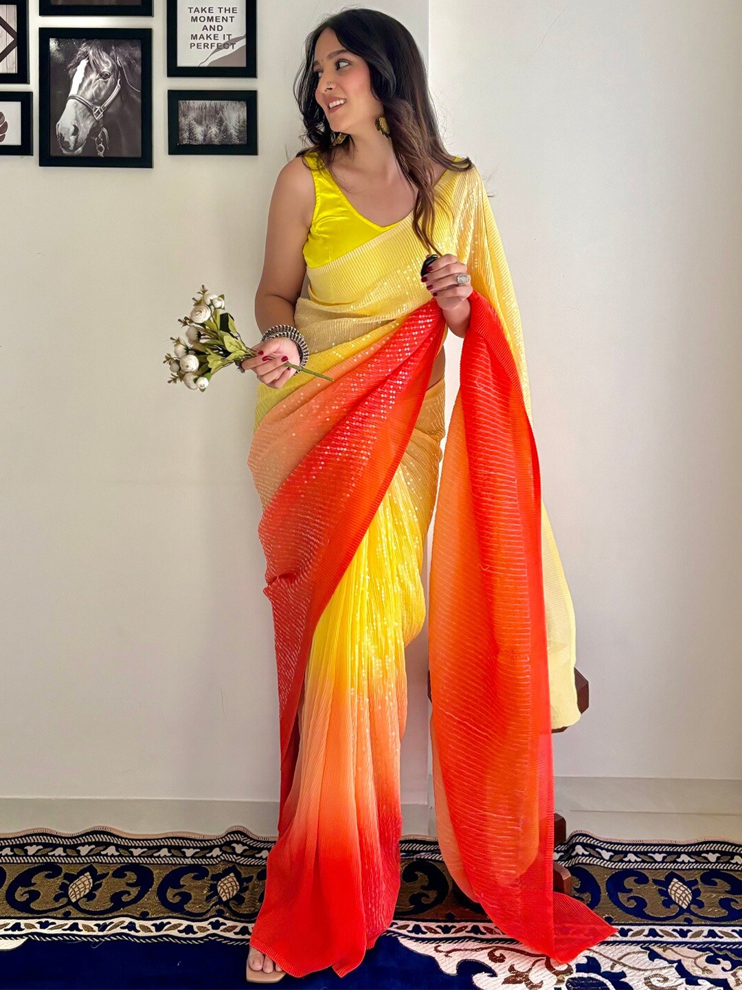 

Mitera Sequinned Pure Georgette Saree, Yellow
