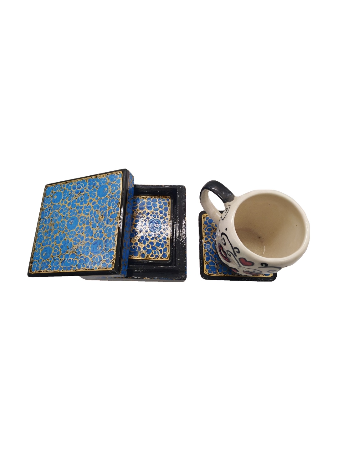 

INDIA MEETS INDIA Blue & Beige 6 Pieces Wooden Square Shaped Coasters With Stand