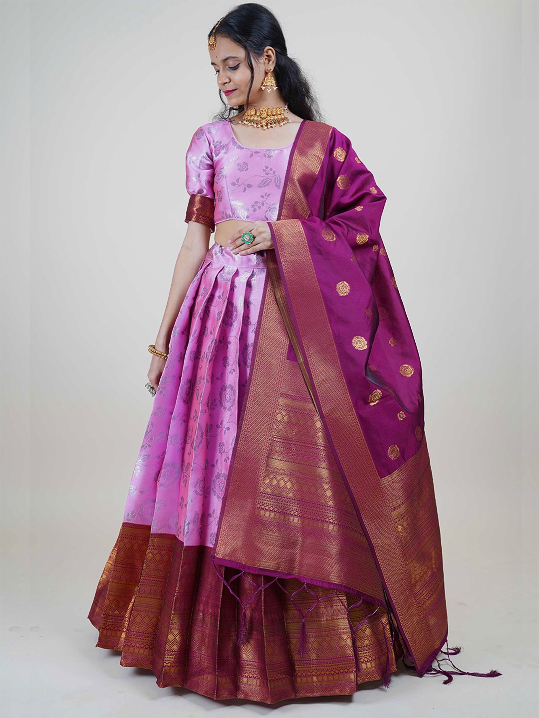 

Fabcartz Woven Design Semi-Stitched Lehenga & Unstitched Blouse With Dupatta, Pink