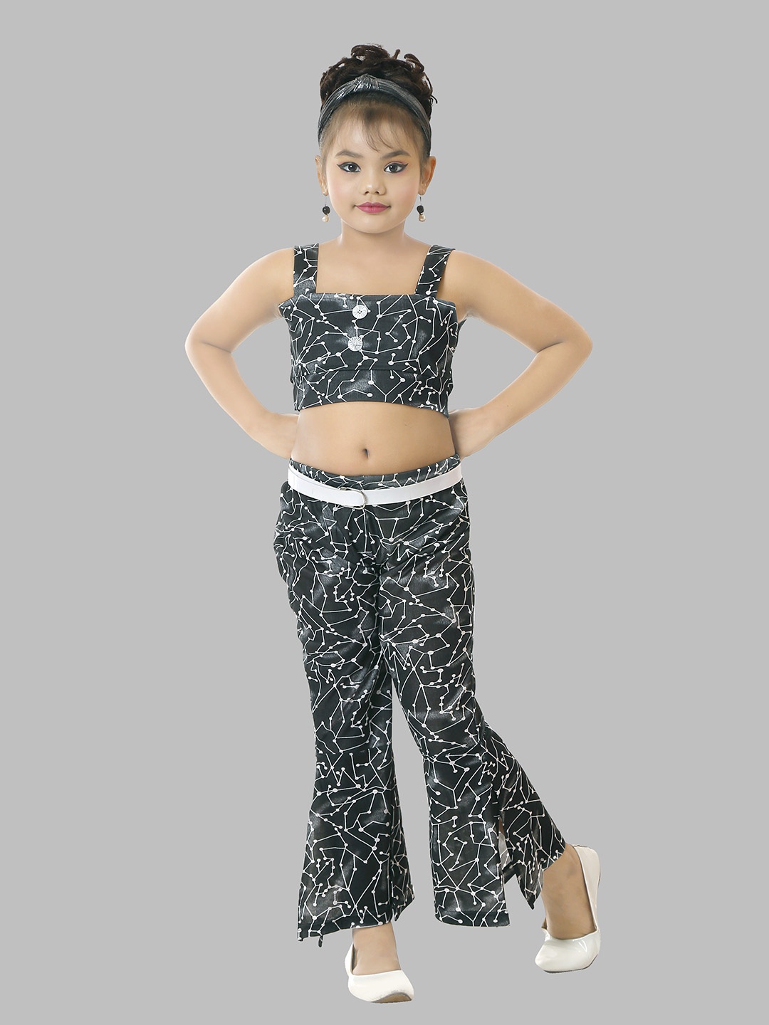 

BAESD Girls Geometric Printed Shoulder Straps Crop Top With Palazzos, Black