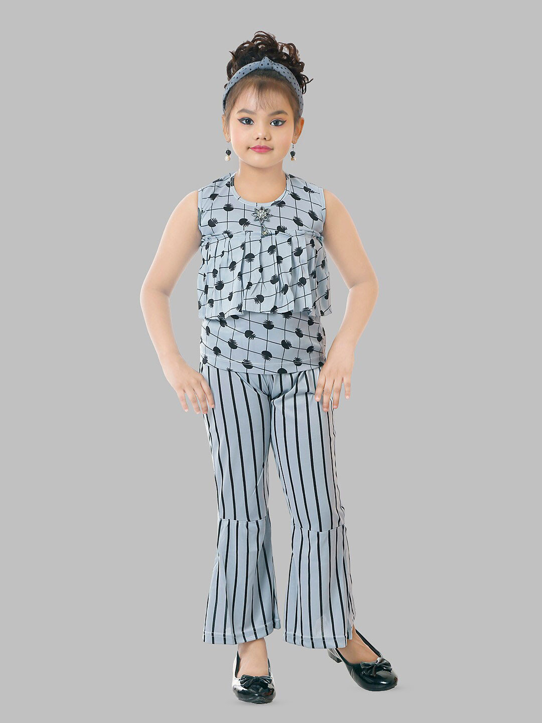 

BAESD Girls Geometric Printed Gathered Top With Striped Palazzos, Grey