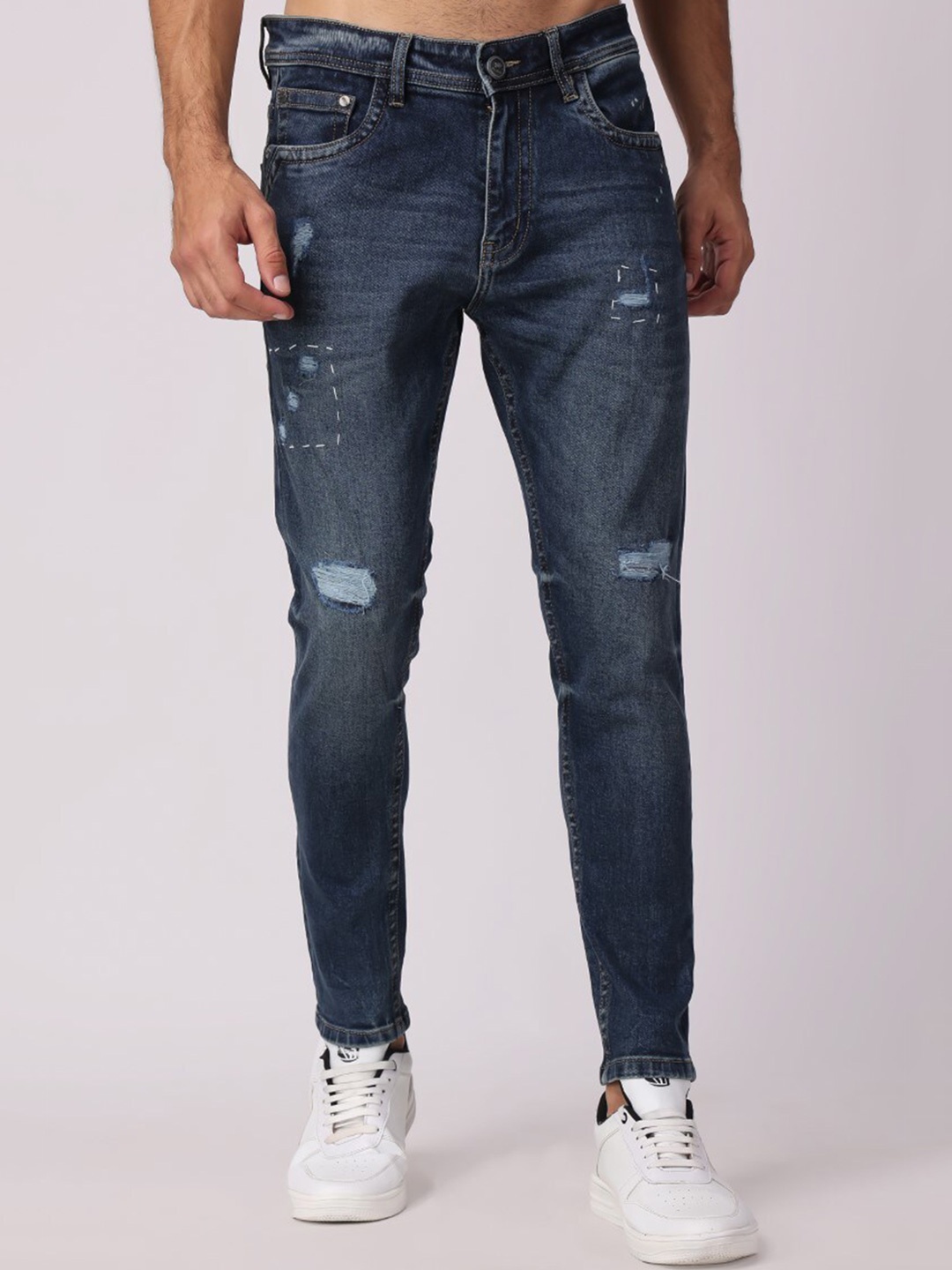 

Stylox Men Slim Fit Mildly Distressed Light Fade Whiskers Stretchable Jeans, Teal