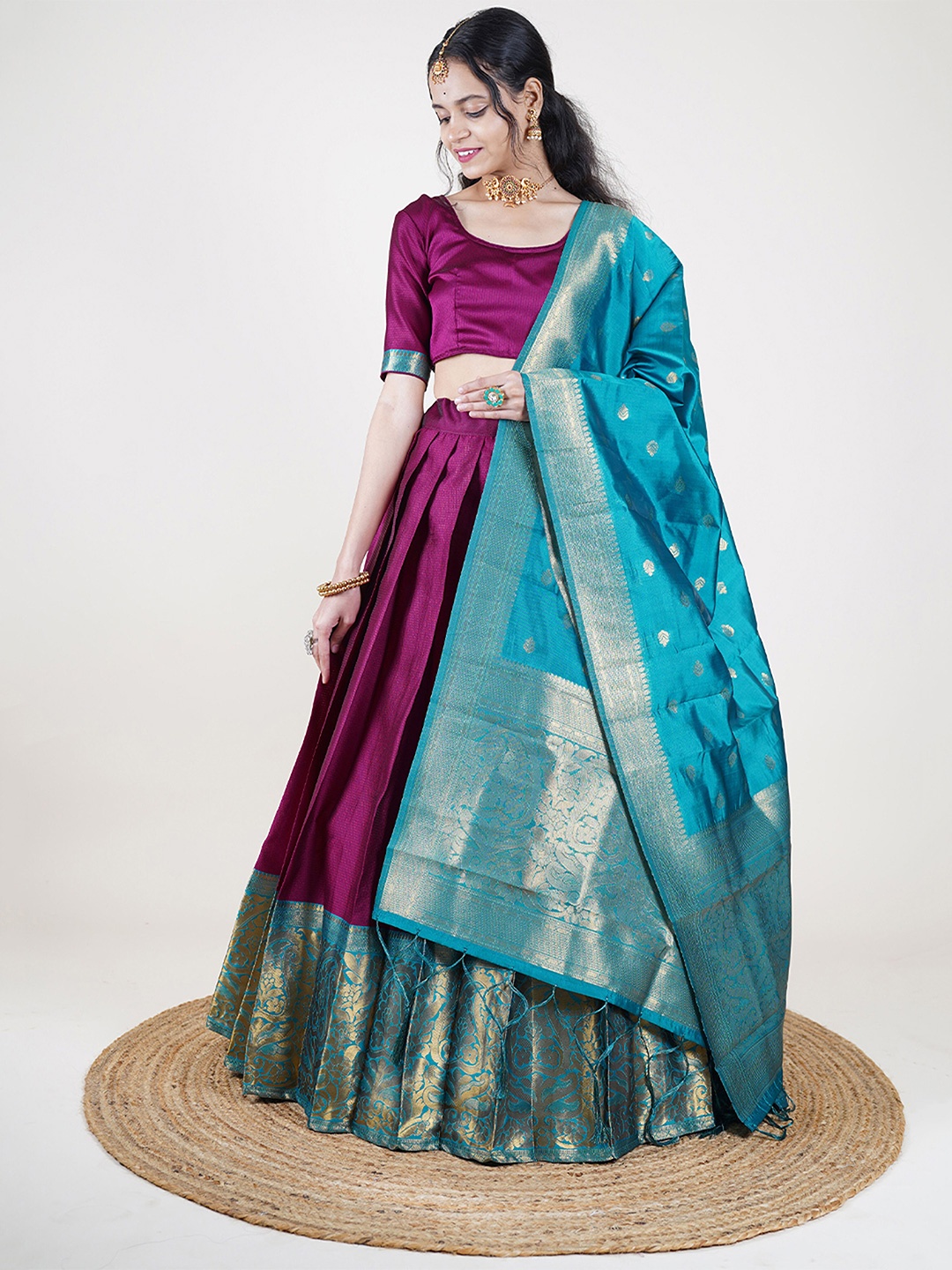 

Fabcartz Woven Design Semi-Stitched Lehenga & Unstitched Blouse With Dupatta, Purple