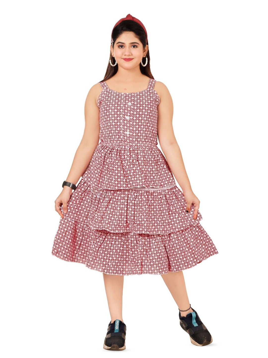 

BAESD Girls Geometric Printed Cotton Fit & Flare Dress, Maroon