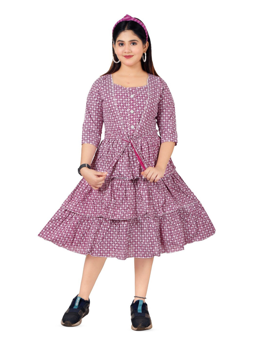 

BAESD Girls Geometric Printed Shoulder Straps Cotton A-Line Dress, Pink