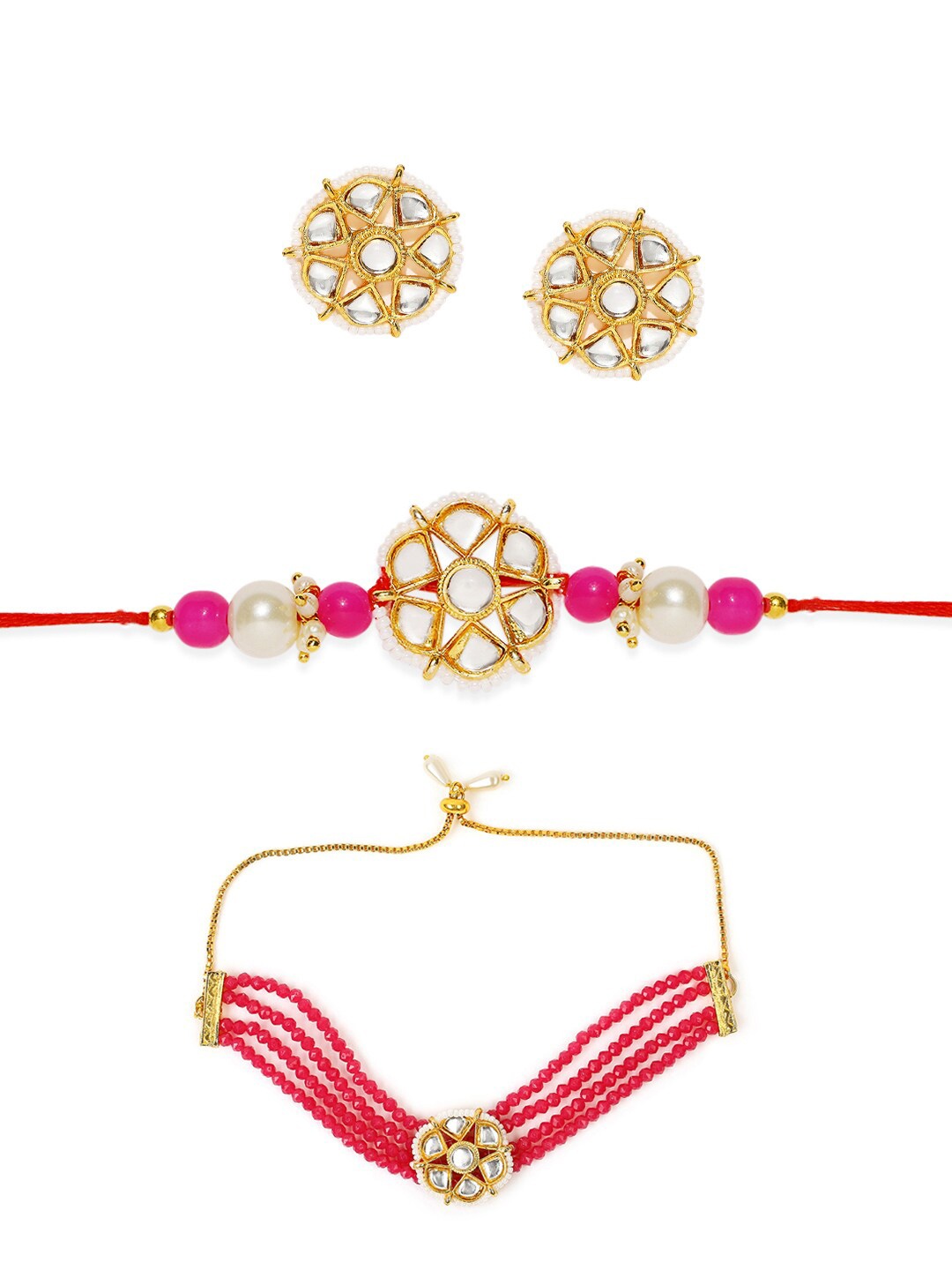 

MANATH Gold Plated Kundan & Pearls Studded Jewellary Set, Pink