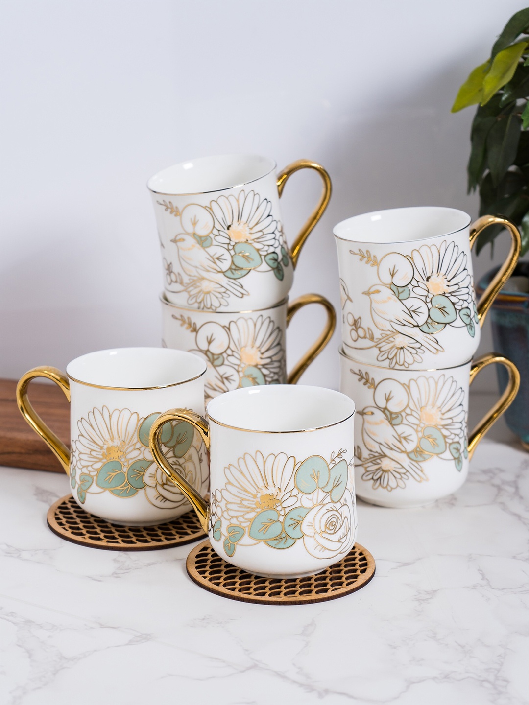 

JCPL White & Beige 6 Pieces Floral Printed Ceramic Glossy Mugs 200 ml Each
