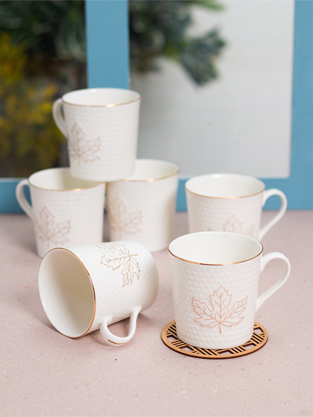 

JCPL White & Beige Textured Ceramic Glossy Cups 200 ml