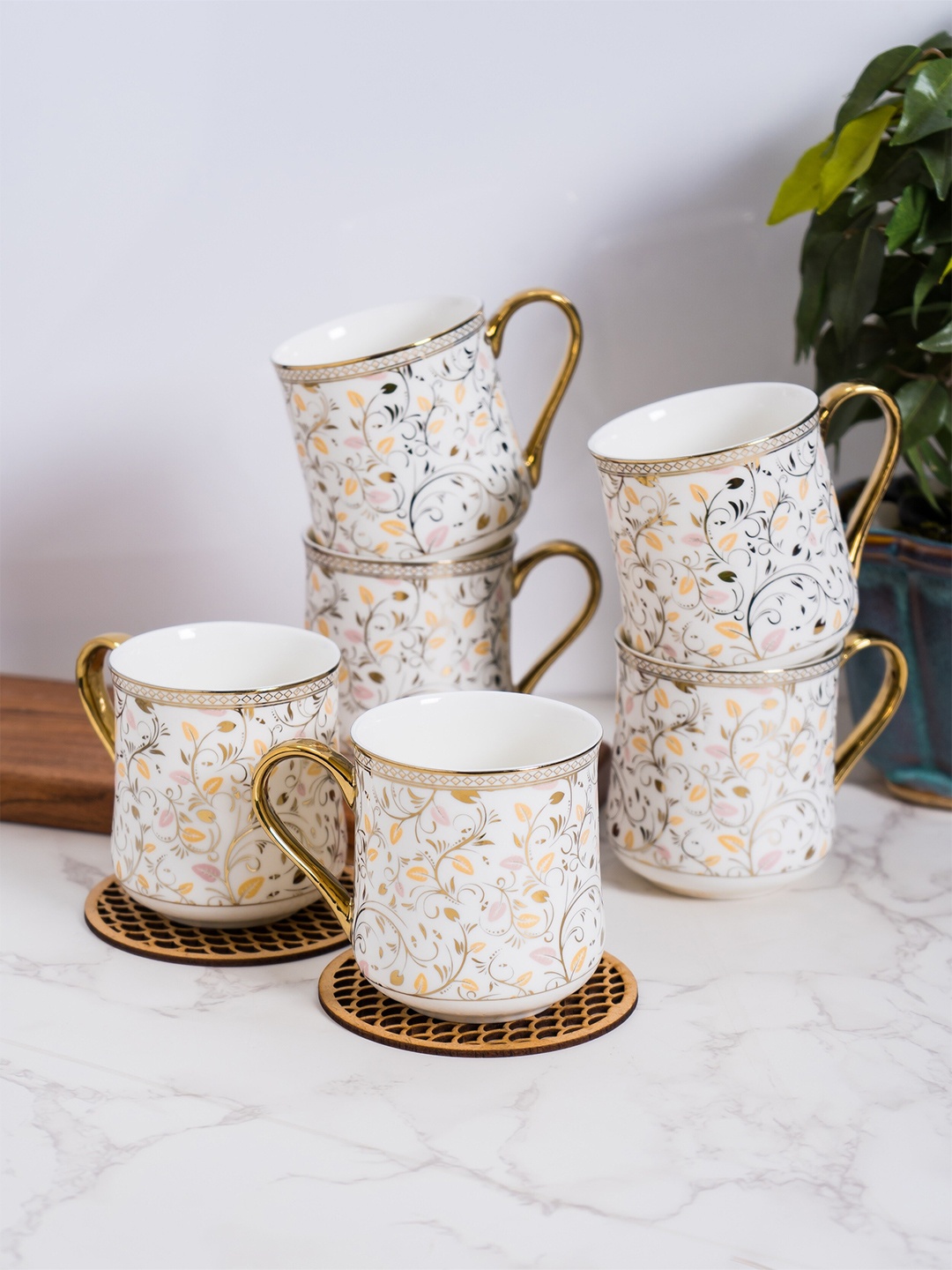 

JCPL White & Yellow 6 Pieces Printed Ceramic Glossy Cups 200 ml