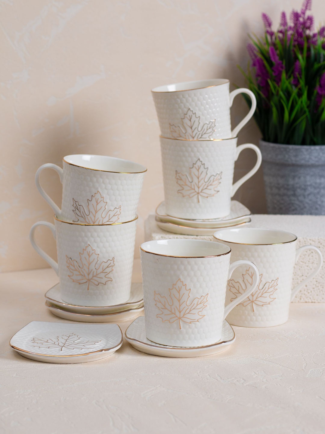 

JCPL White & Gold-Toned 12 Pieces Printed Ceramic Glossy Cups and Saucers 180 ml