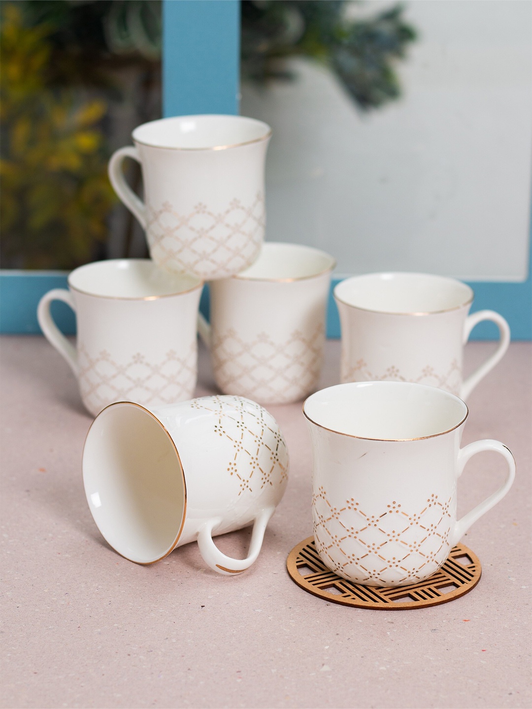 

JCPL White & Beige 6 Pieces Printed Ceramic Glossy Cups 200 ml