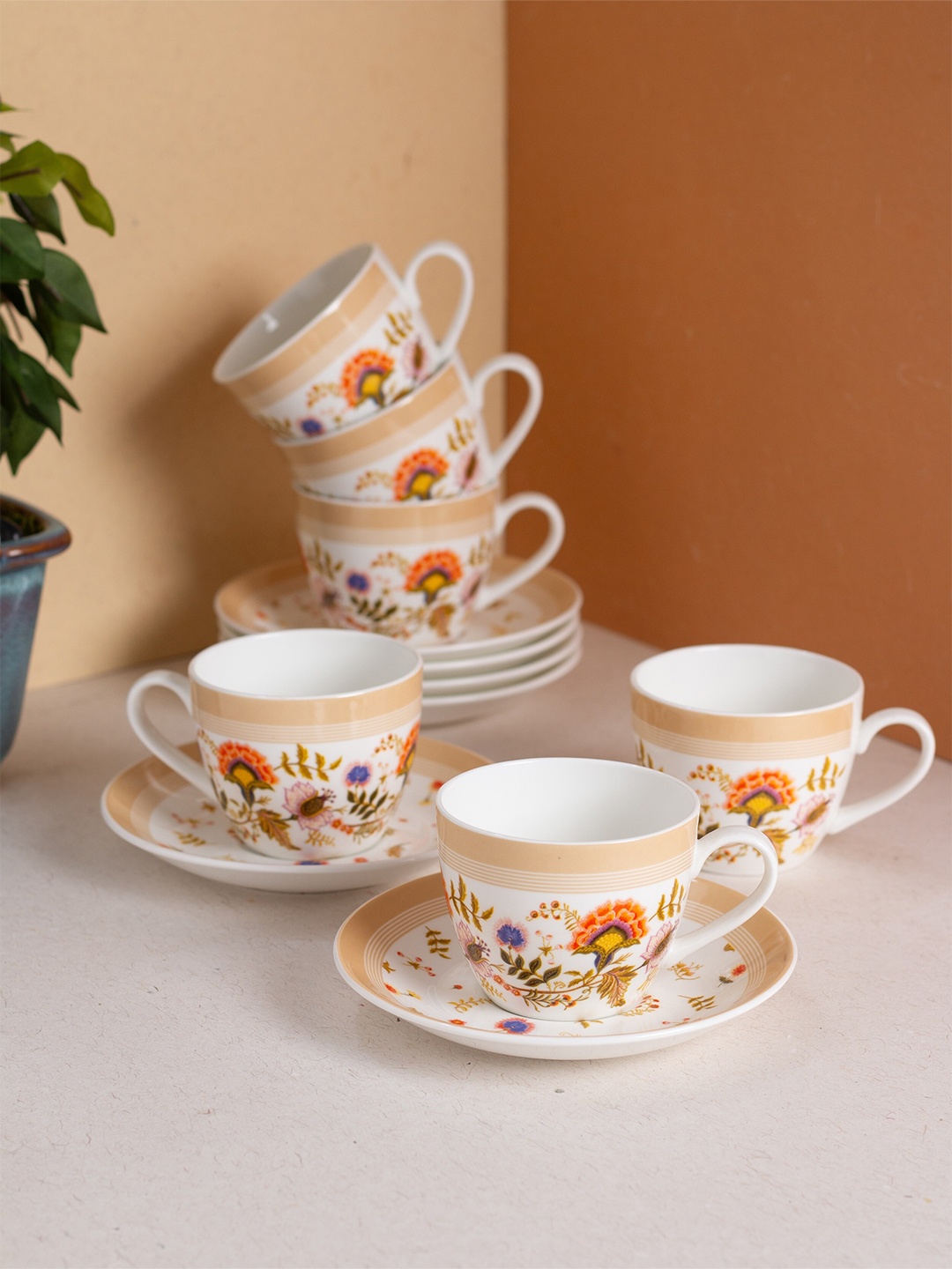 

JCPL White & Yellow 12 Pieces Printed Ceramic Glossy Cups and Saucers 180 ml