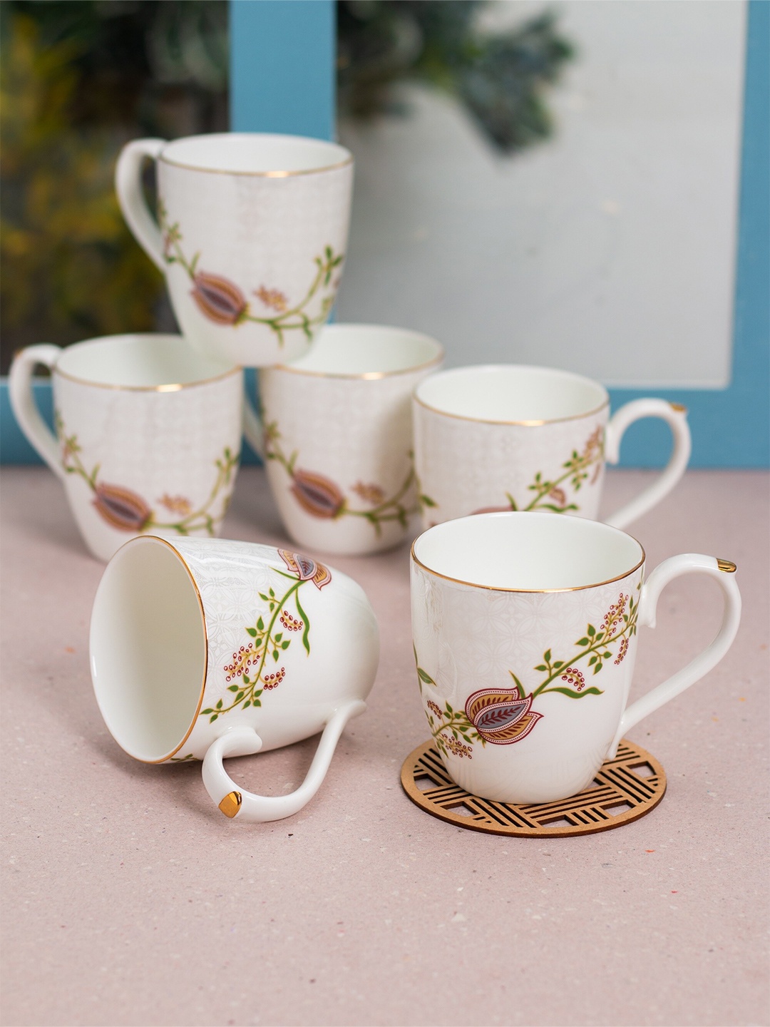 

JCPL White & Green 6 Pieces Ceramic Printed Glossy Cups 200 ml