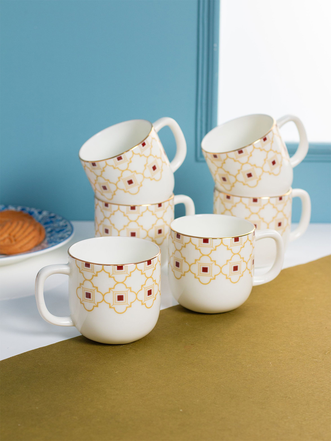 

JCPL White & Brown 6 Pieces Printed Ceramic Glossy Cups 200 ml