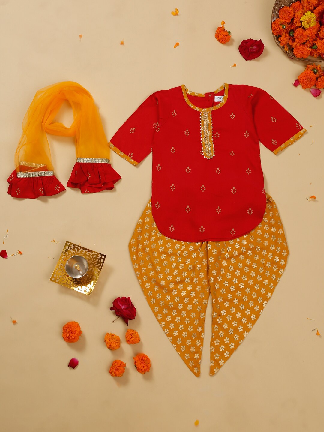 

SAKA DESIGNS Girls Ethnic Printed Regular Gotta Patti Kurta with Dhoti Pants & Dupatta, Red