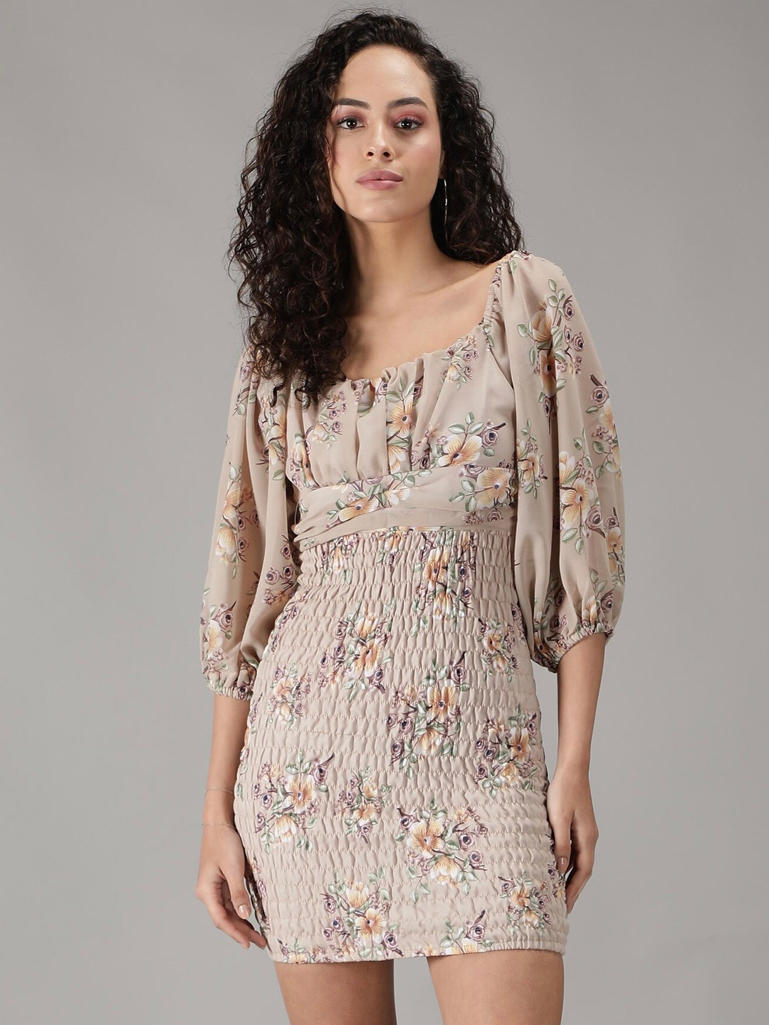 

smisingbee Floral Printed Smocked Puff Sleeves Sheath Dress, Beige