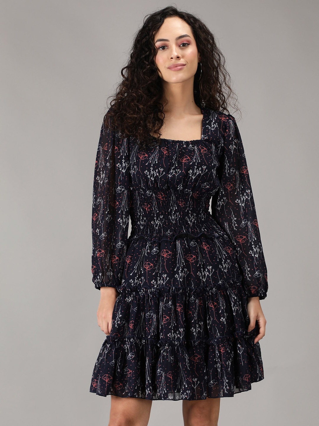 

smisingbee Floral Printed Smocked Puff Sleeves A-Line Dress, Navy blue
