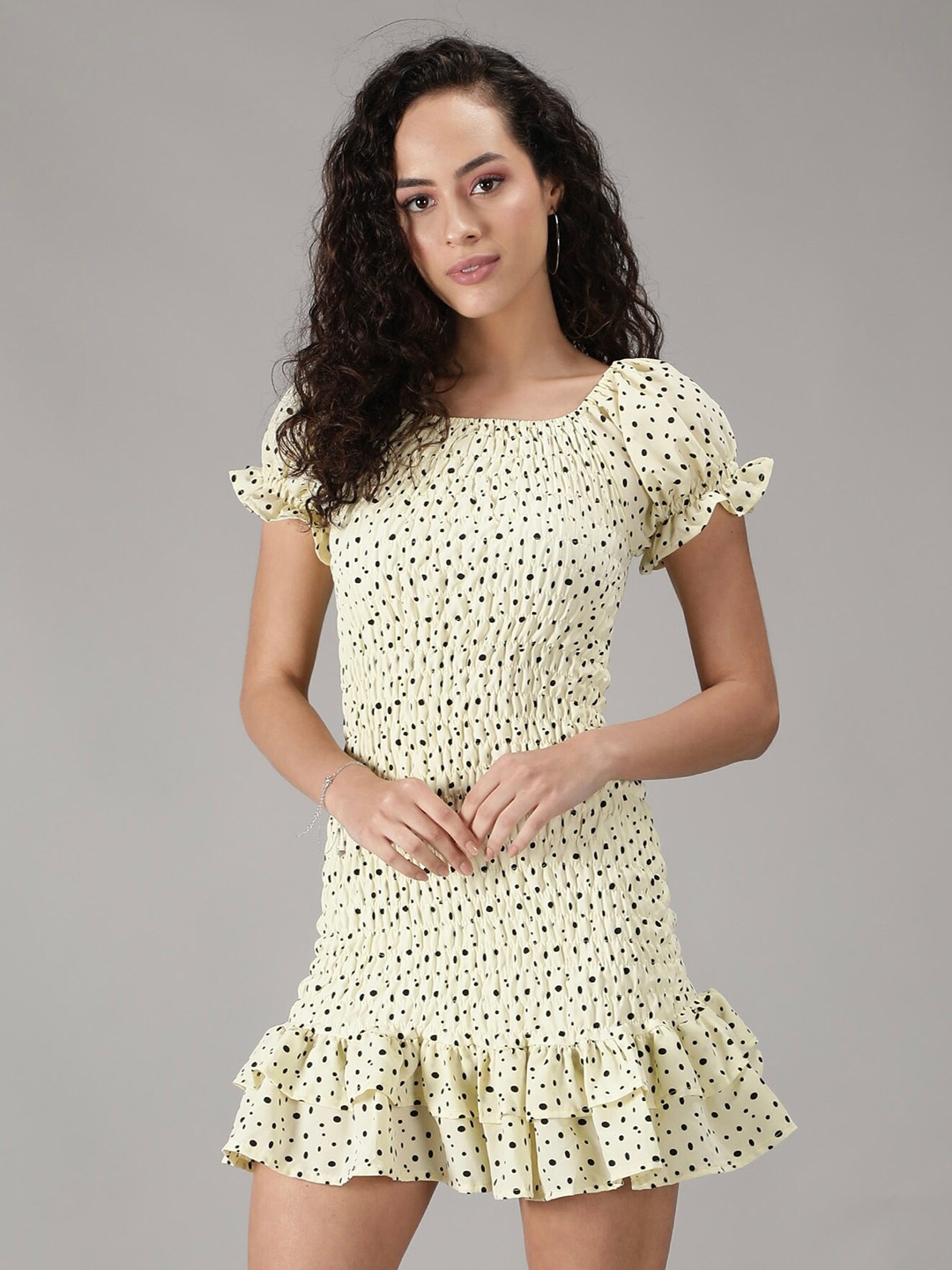 

smisingbee Polka Dot Printed Smocked Puff Sleeves Sheath Dress, Cream