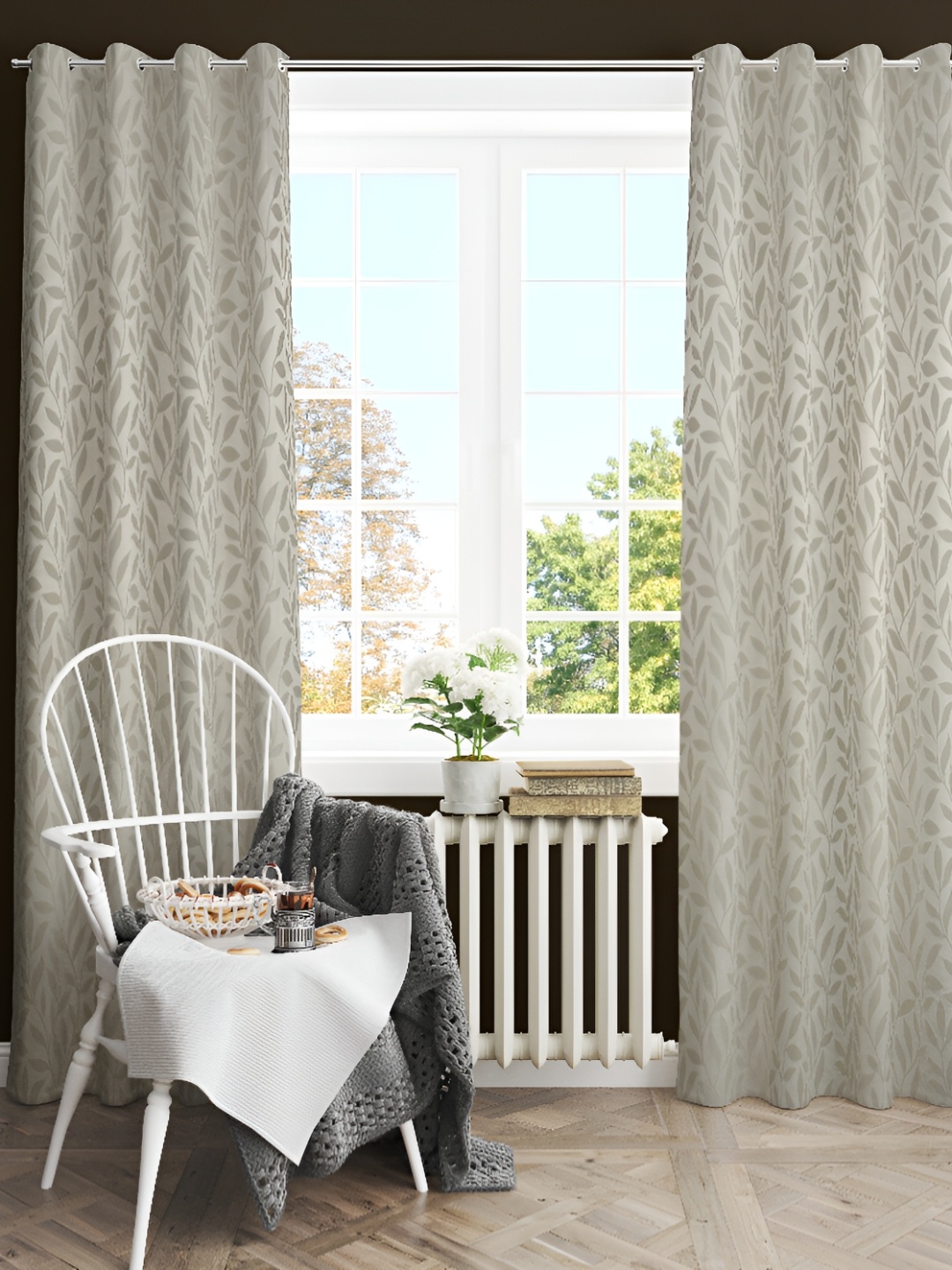 

LAFIONA Grey 2 Pieces Floral Room Darkening Eyelet Silk Long Door Curtains