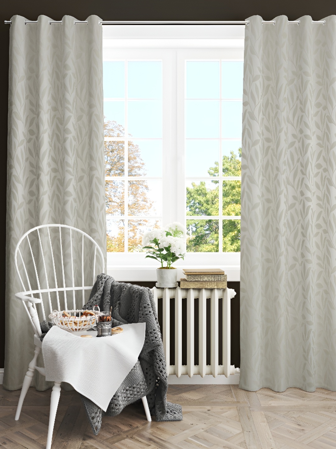 

luchom Grey 2 Pieces Floral Room Darkening Eyelet Silk Long Door Curtains