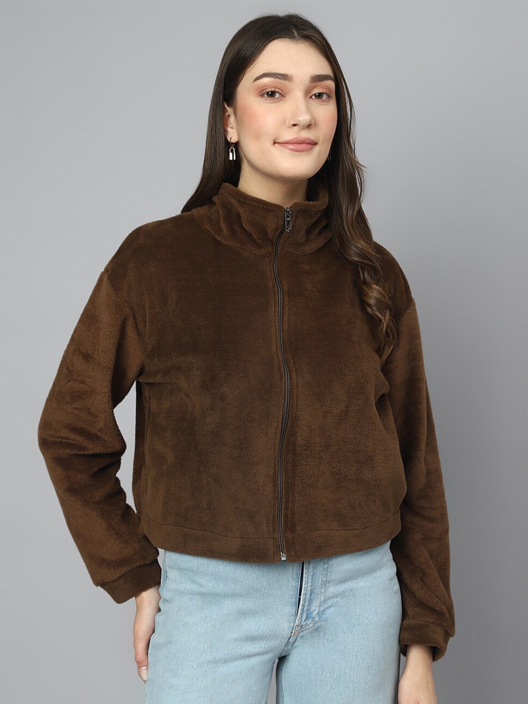 

COLOR CAPITAL Fur Detail Mock Collar Zipper Tailored Jacket, Coffee brown
