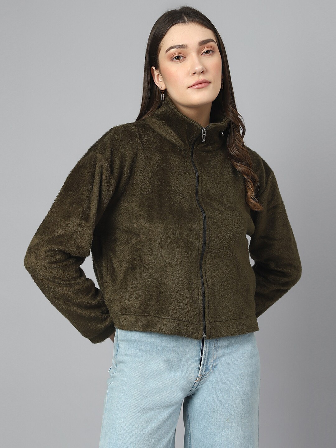 COLOR CAPITAL Fur Detail Mock Collar Zipper Tailored Jacket, Olive