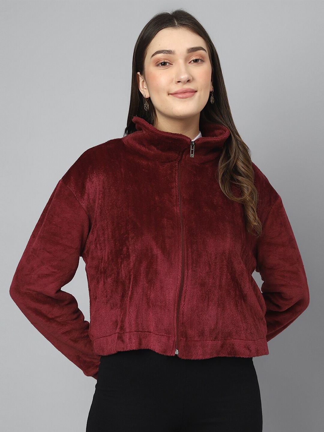 

COLOR CAPITAL Mock Collar Faux Fur Trim Detailed Tailored Jacket, Burgundy