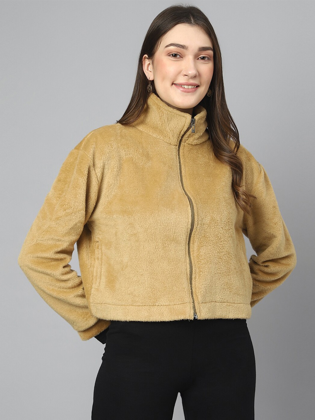 

COLOR CAPITAL Mock Collar Faux Fur Trim Detailed Tailored Jacket, Camel brown