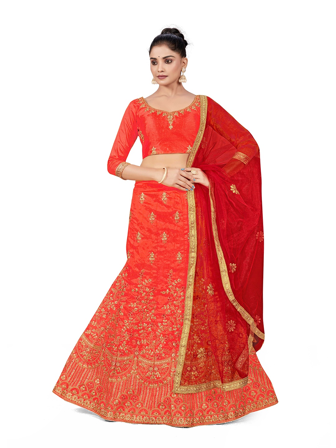 

MANVAA Embroidered Semi-Stitched Lehenga & Unstitched Blouse With Dupatta, Rust