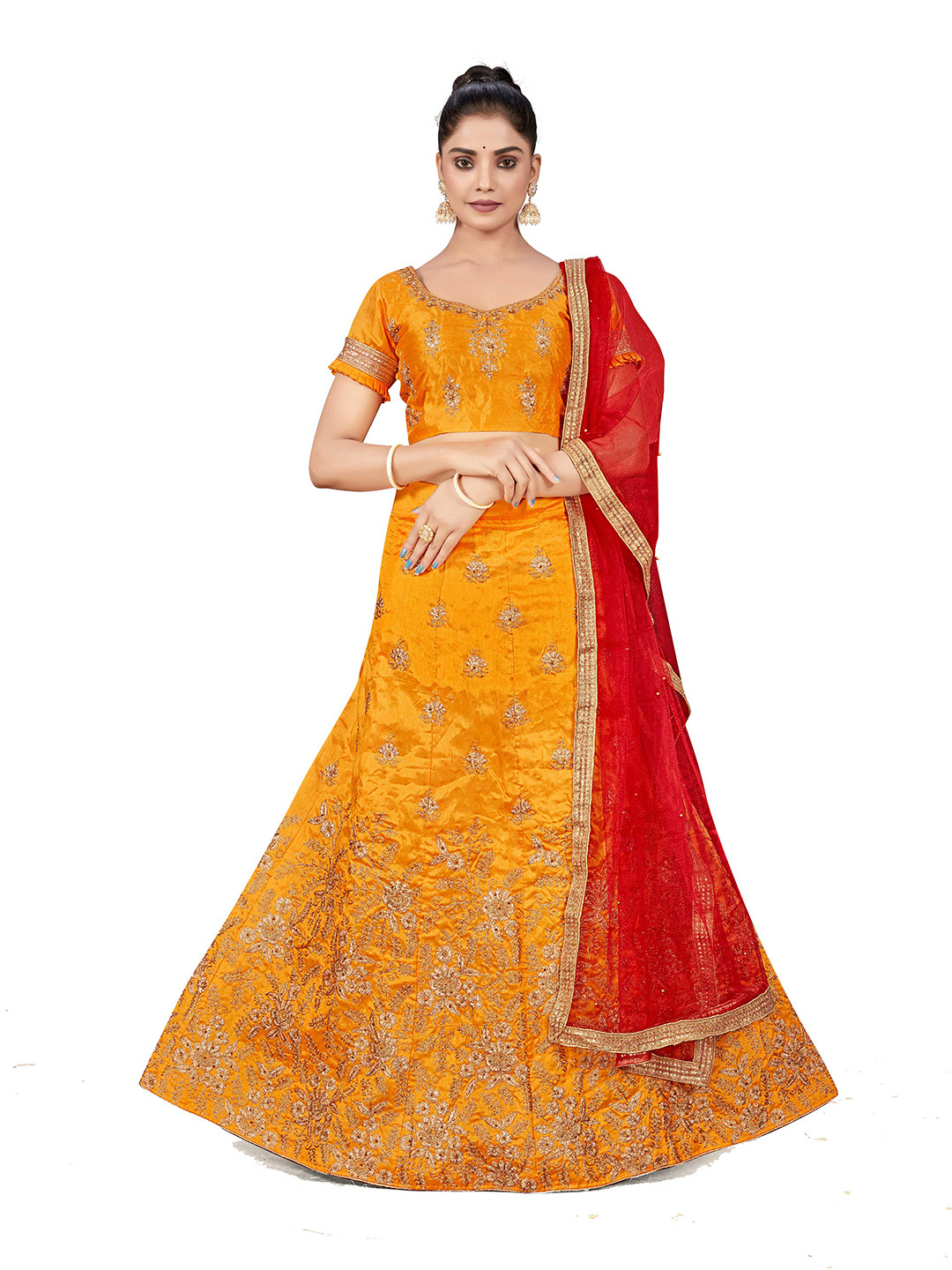

MANVAA Embroidered Zari Semi-Stitched Lehenga & Unstitched Blouse With Dupatta, Mustard