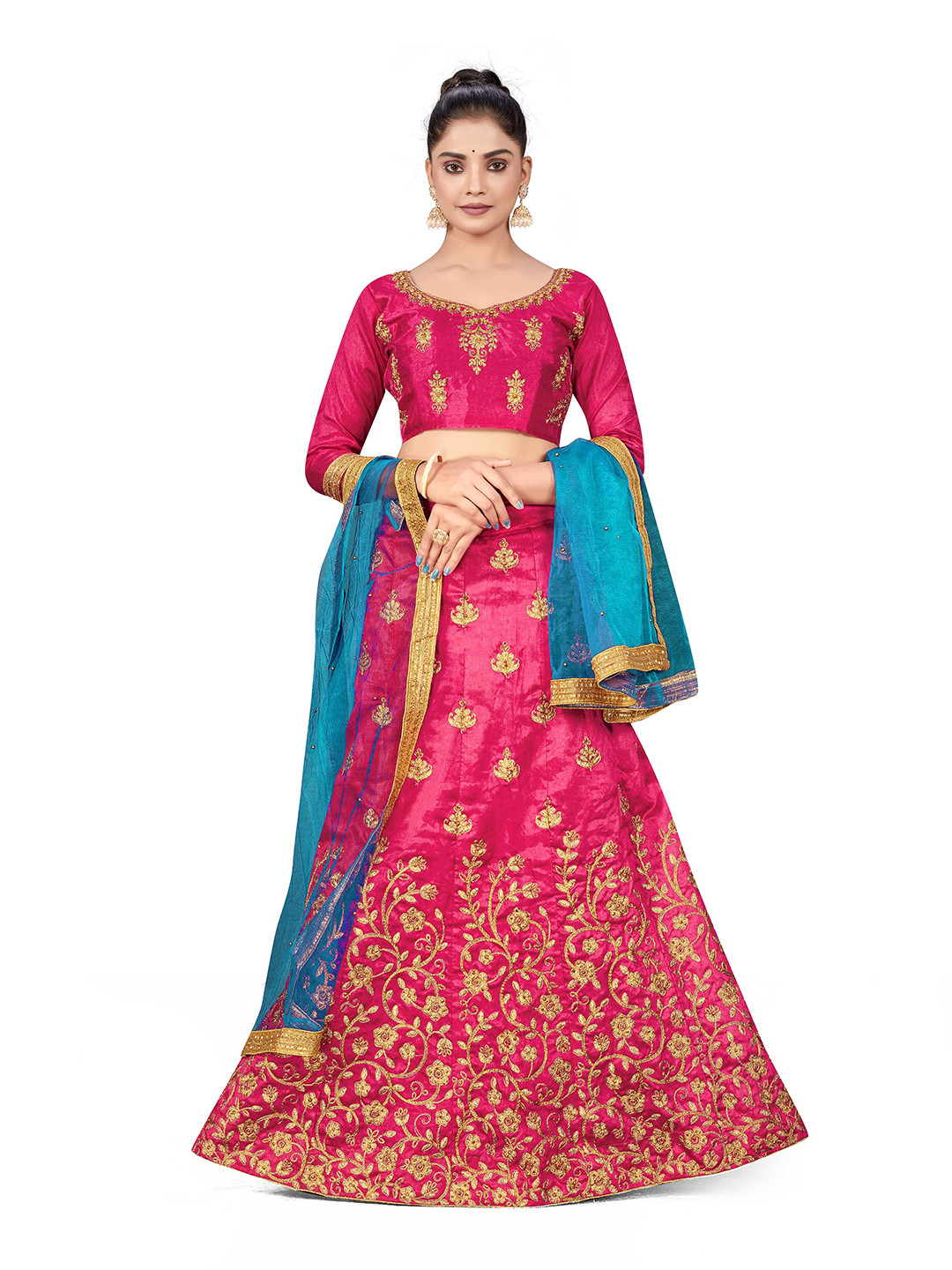 

MANVAA Ethnic Motif Embroidered Semi-Stitched Lehenga & Unstitched Blouse With Dupatta, Pink