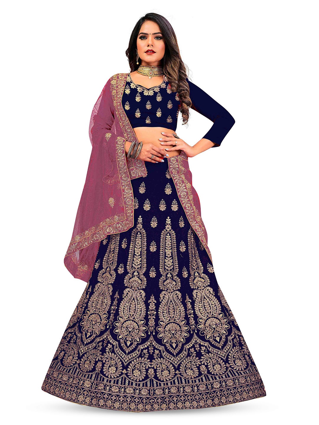 

MANVAA Embroidered Beads and Stones Semi-Stitched Lehenga & Unstitched Blouse With Dupatta, Blue