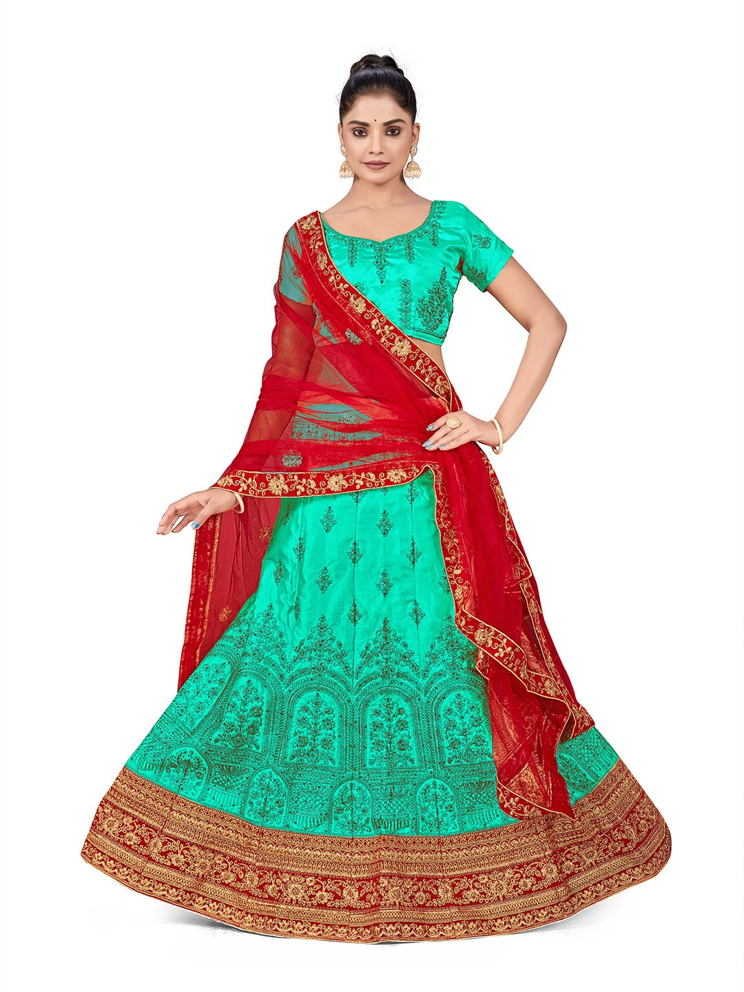 

MANVAA Embroidered Beads and Stones Semi-Stitched Lehenga & Unstitched Blouse With Dupatta, Sea green