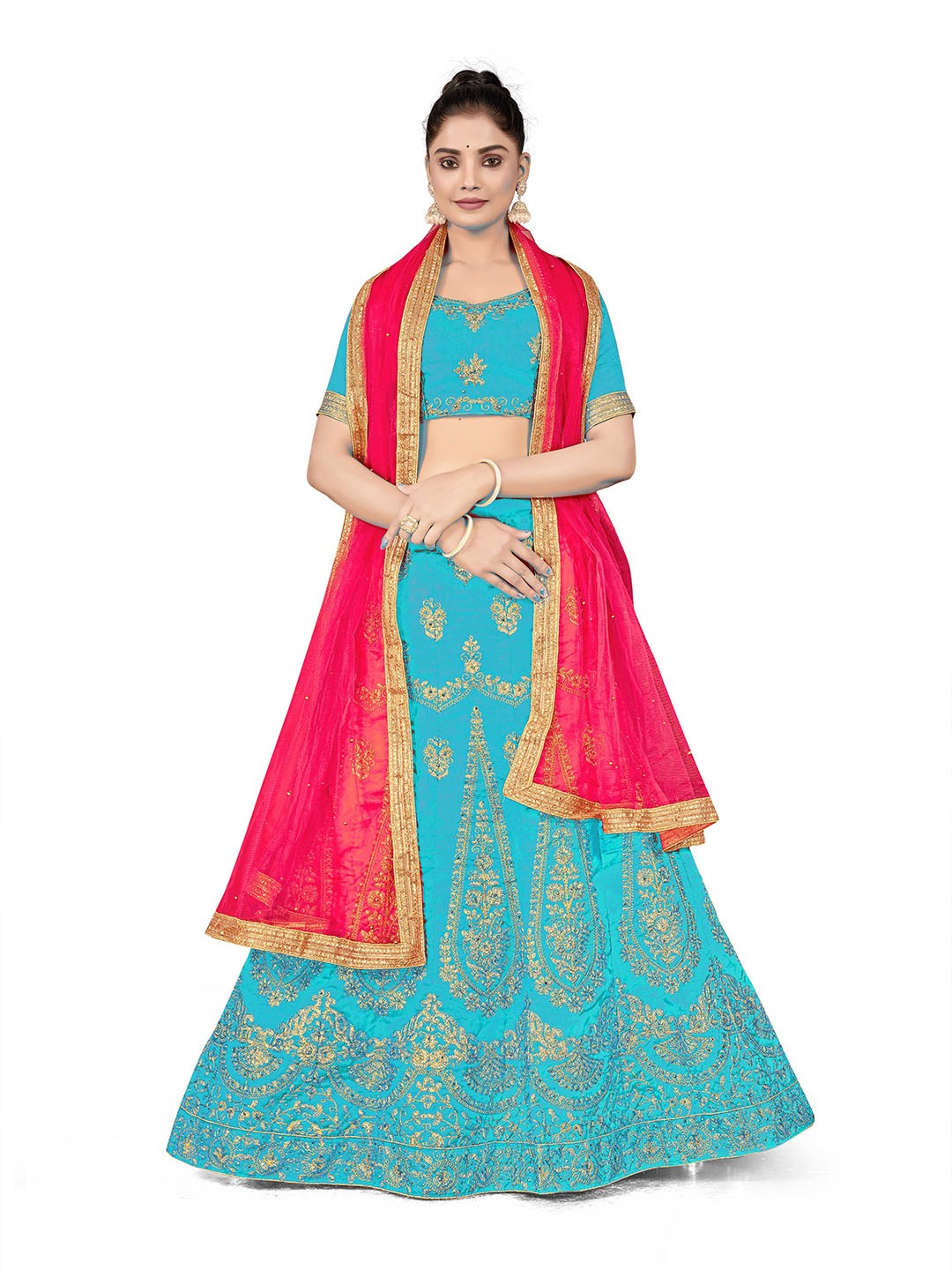 

MANVAA Embroidered Semi Stitched Silk Lehenga & Unstitched Blouse With Dupatta, Blue