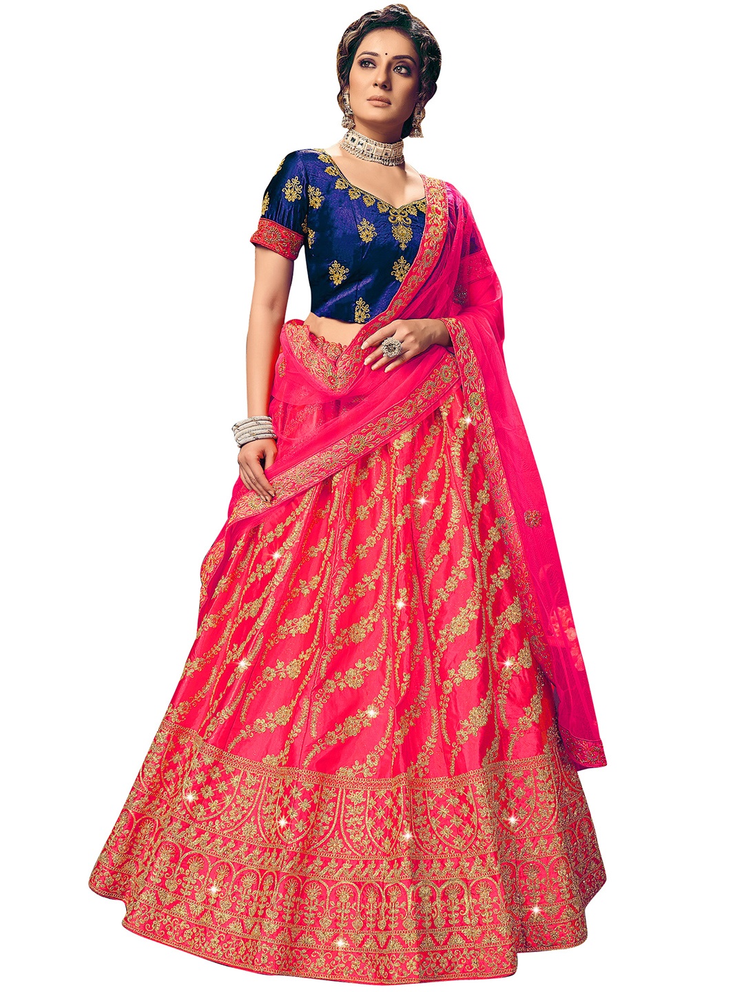 

MANVAA Pink & Blue Embroidered Thread Work Shibori Semi-Stitched Lehenga & Unstitched Blouse With Dupatta