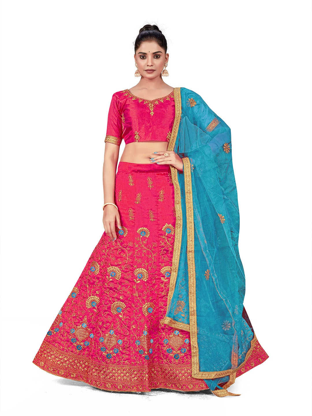 

MANVAA Embroidered Beads & Stones Semi-Stitched Lehenga & Unstitched Blouse With Dupatta, Pink