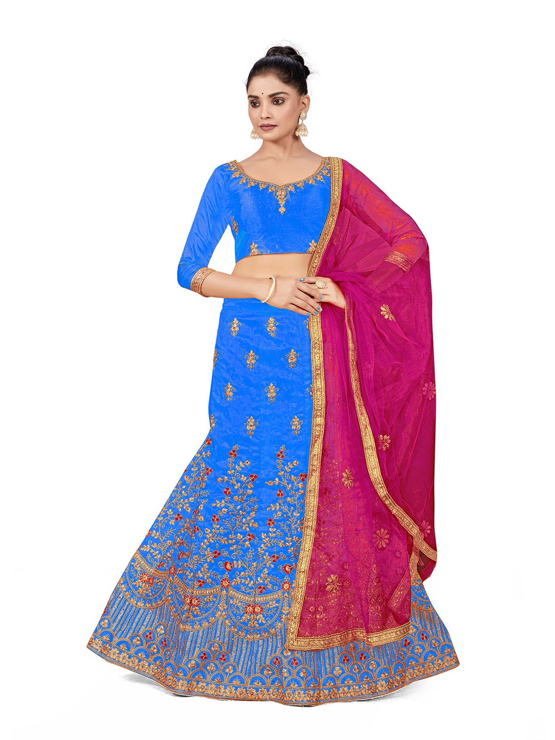 

MANVAA Embroidered Zari Semi-Stitched Silk Lehenga & Unstitched Blouse With Dupatta, Blue