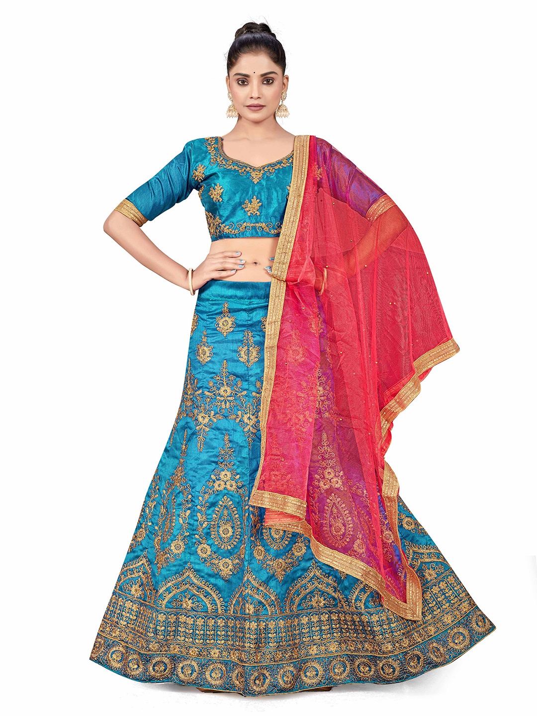 

MANVAA Embroidered Zari Semi-Stitched Lehenga & Unstitched Blouse With Dupatta, Blue