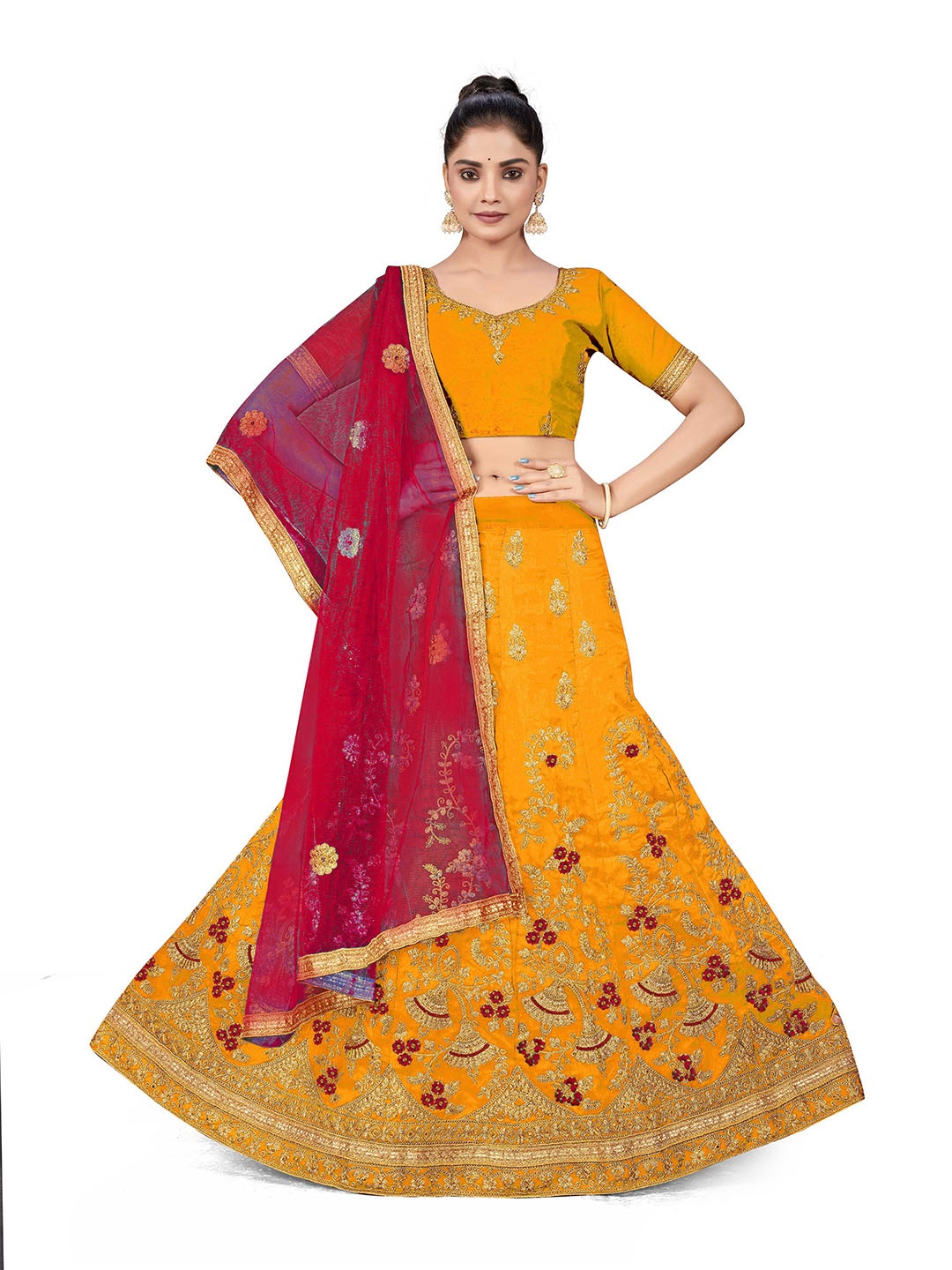 

MANVAA Embroidered Beads & Stones Semi-Stitched Lehenga & Unstitched Blouse With Dupatta, Yellow