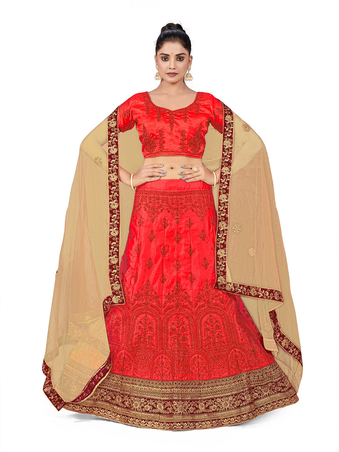 

MANVAA Embroidered Thread Work Semi-Stitched Lehenga & Unstitched Blouse With Dupatta, Red