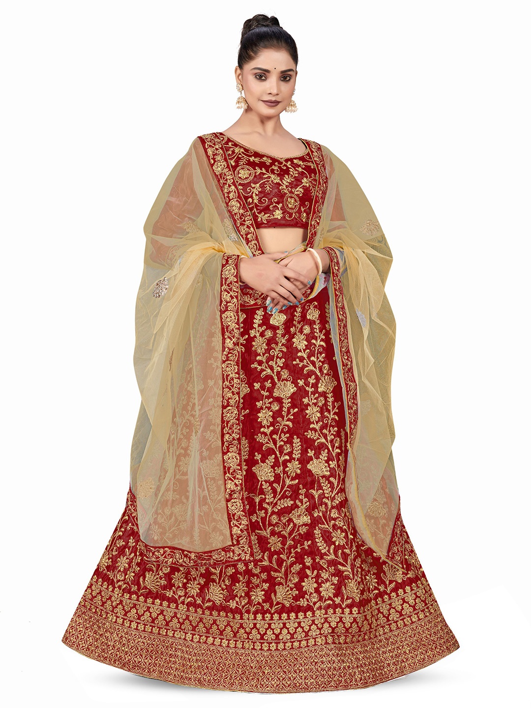 

MANVAA Embroidered Zari Semi-Stitched Lehenga & Unstitched Blouse With Dupatta, Maroon