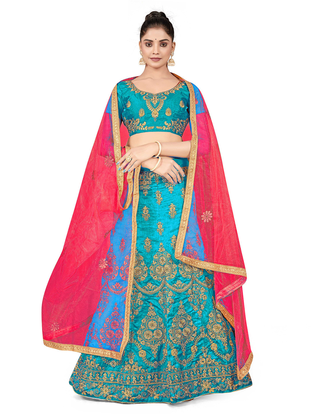 

MANVAA Embroidered Beads and Stones Semi-Stitched Lehenga & Unstitched Blouse With Dupatta, Blue