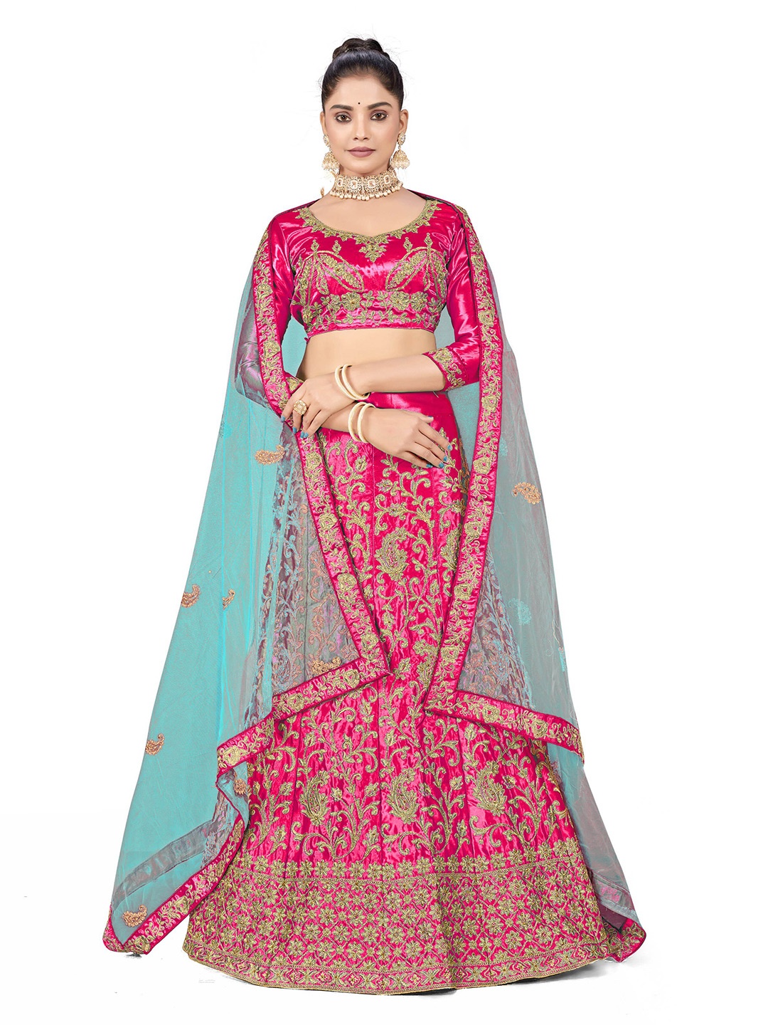 

MANVAA Embroidered Satin Semi-Stitched Lehenga & Unstitched Blouse With Dupatta, Pink