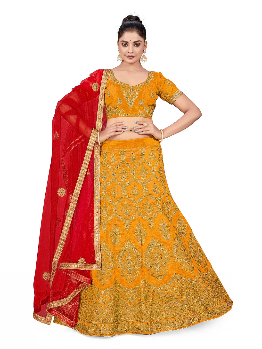 

MANVAA Embroidered Zari Semi-Stitched Lehenga & Unstitched Blouse With Dupatta, Mustard